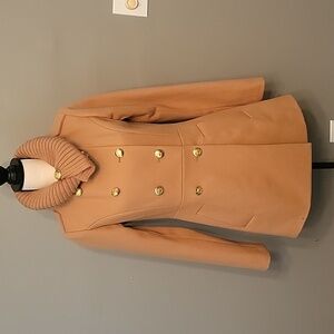 Womens Small Tan Double Breasted Wool Coat with Gold Buttons &Turtle Neck Accent
